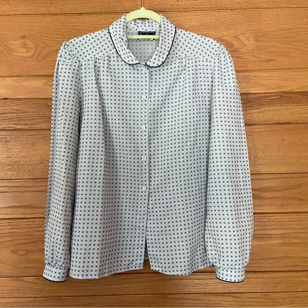 Vintage 80s Southern Lady gray grid print button front puff sleeve top